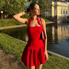 Fashion Pleated Halter Mini Dress For Women  A-Line Hem Sexy Slim Fit Evening Party Dress Female High Waisted PatchworkChristmas Gifts