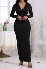 Solid V-neck Ruched Long Sleeve Maxi Dress