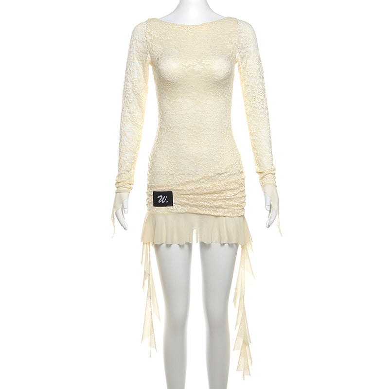 Backless Bandage Long Sleeve Dress For Women Women Sexy Y2K Lace Splice Ruched Ribbons Slim Fit Hot Girl Club Party DressChristmas Gifts