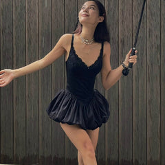 Sexy V-Neck Bud Suspender Dress For Women Solid Lace Patchwork Sleeveless High Waisted Backless Slim Fit Mini Dresses NewChristmas Gifts