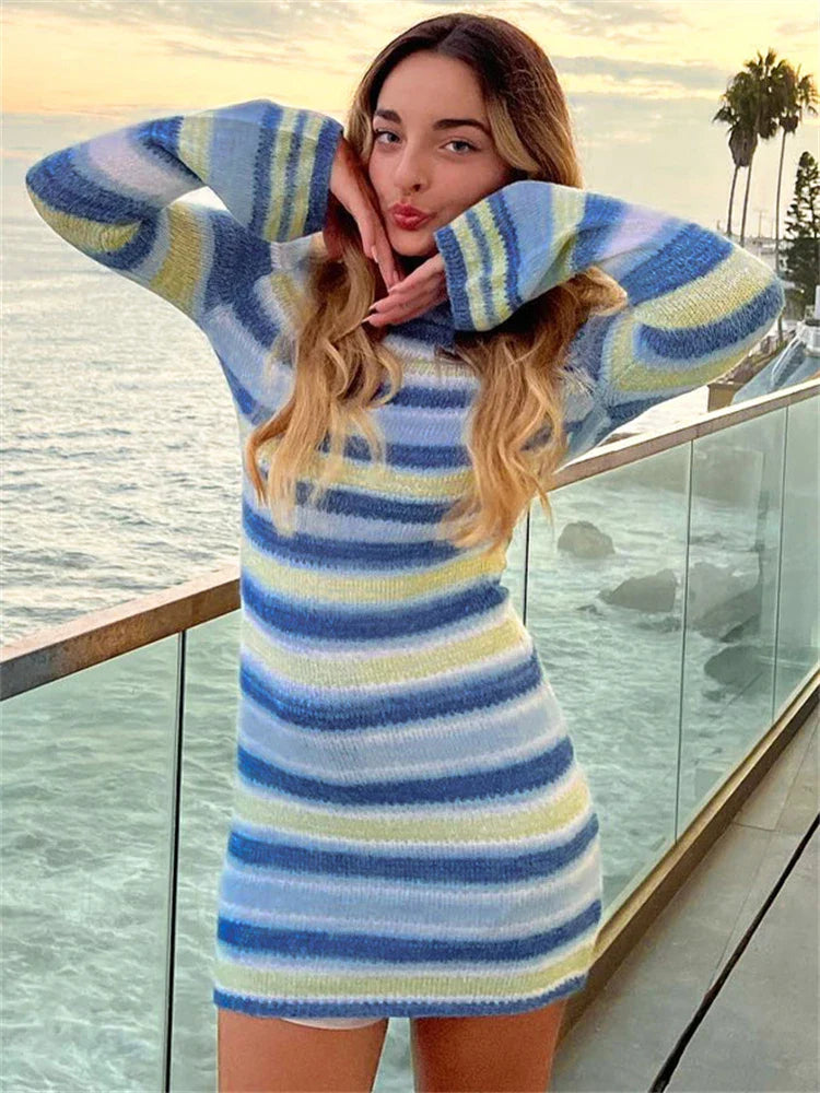 Striped Printed Knit Dress Cover Ups For Women Long Sleeve Loose Knitted Beach Swimwear Cover Ups Dress Backless KnitwearChristmas Gifts