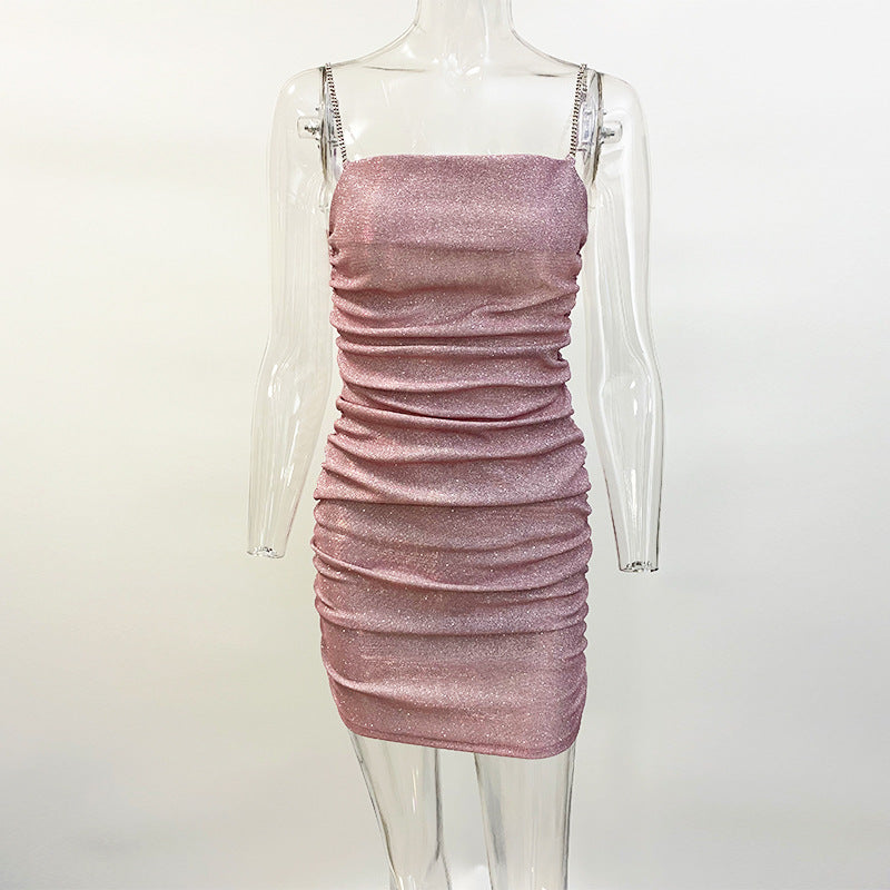 Sparkly Party Dress Women Rhinestone Straps Pleated Sexy Bodycon Mini Dresses Elegant Ladies Sleeveless Evening VestidosChristmas Gifts