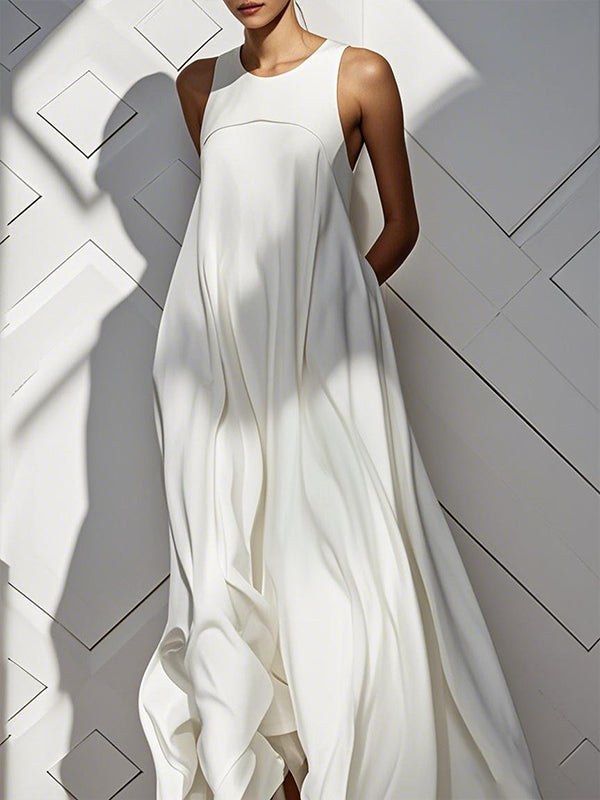 Pockets Solid Color Split-Joint Loose Sleeveless Round-Neck Maxi Dresses