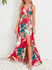 Flower Print Pleated Split-Front Tied Waist A-Line Loose V-Neck Maxi Dresses