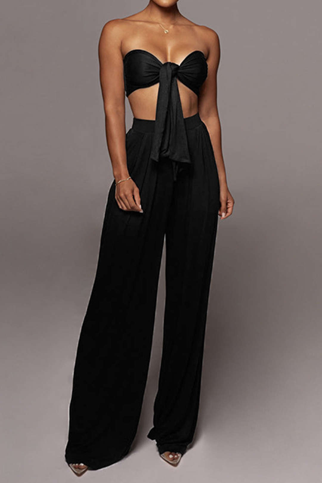 Tie Knot Front Ruched Tube Top And Pleated Wide Leg Pants