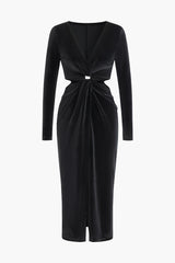 Twist Cut Out Slit V-neck Long Sleeve Midi Dress