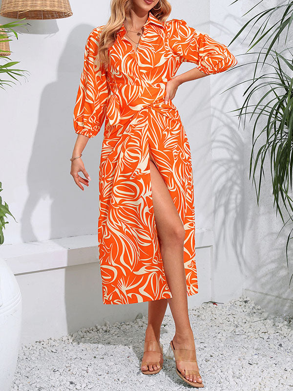 Elasticity Printed Tied Waist A-Line High Waisted Lapel Shirt Dress Midi Dresses