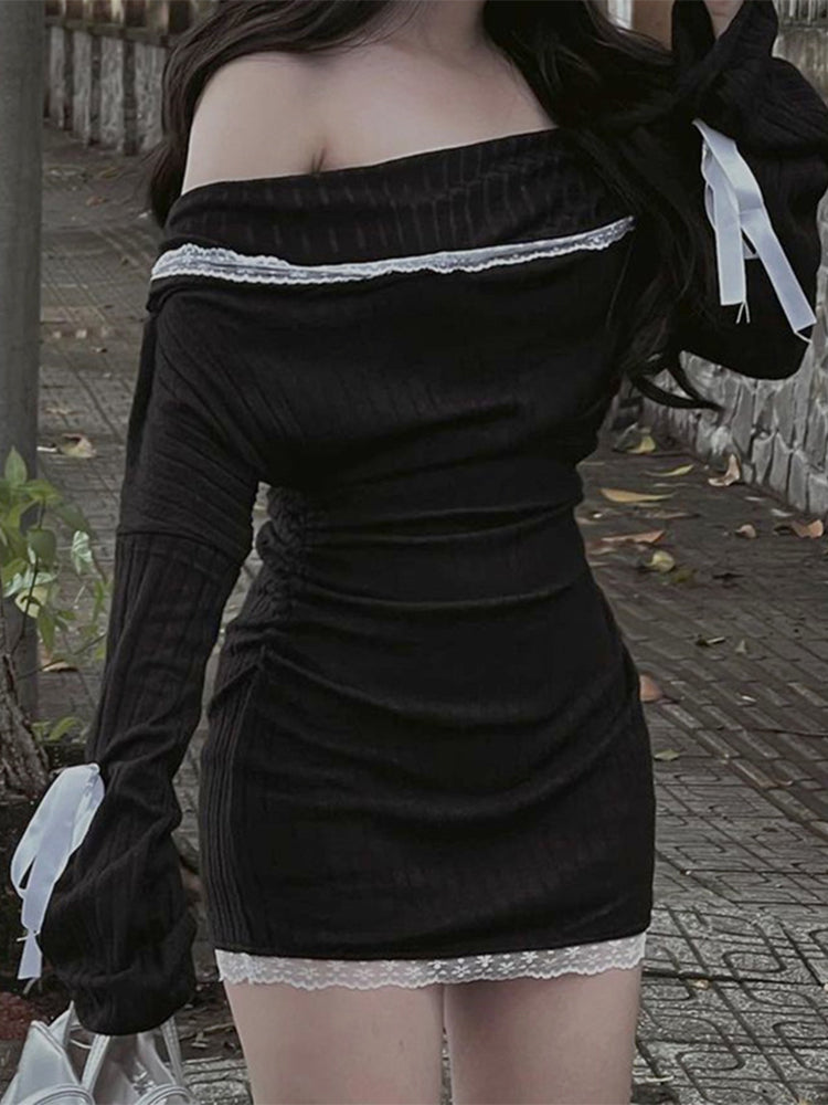 Lace Splice Mini Dress For Women Bandage Sexy Off The Shoulders Slim Ribbing Dresses Ladies Casual Bodycon Dress WomanChristmas Gifts