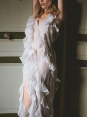 Backless Mesh Ruffle Trim See-Through Split-Side Tied Loose Sleeveless Halter-Neck Maxi Dresses