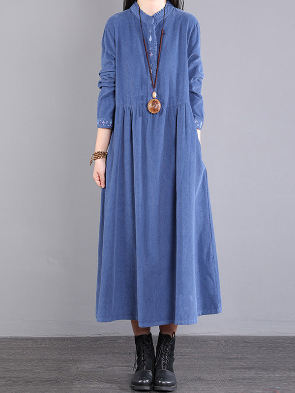 Vintage Corduroy Long Sleeves A-Line Embroidered Solid Round-Neck Midi Dresses