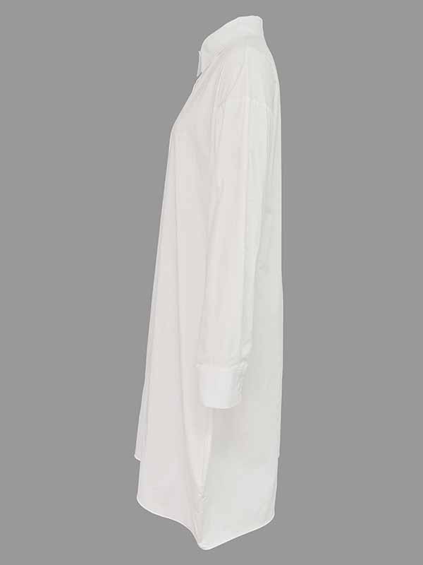 Long Sleeves Loose Pleated Solid Color Split-Joint Lapel Midi Dresses Shirt Dress