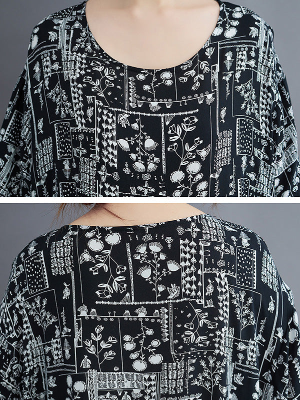 Vacation Loose Short Sleeves Floral Printed Contrast Color Round-Neck Midi Dresses