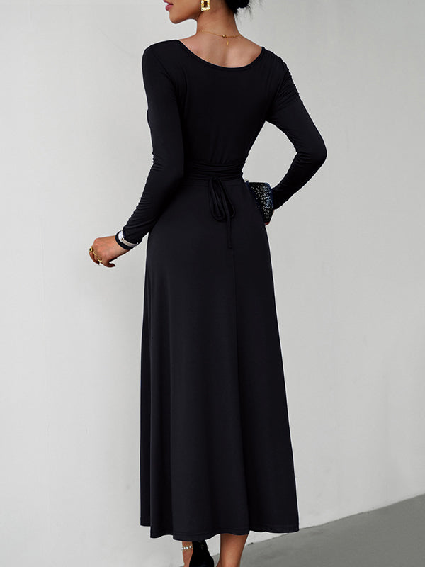 A-Line High Waisted Solid Color Tied Waist U-Neck Midi Dresses