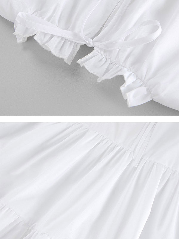 Pleated Ruffled Solid Color Split-Joint A-Line Loose Round-Neck Shirt Dress Mini Dresses