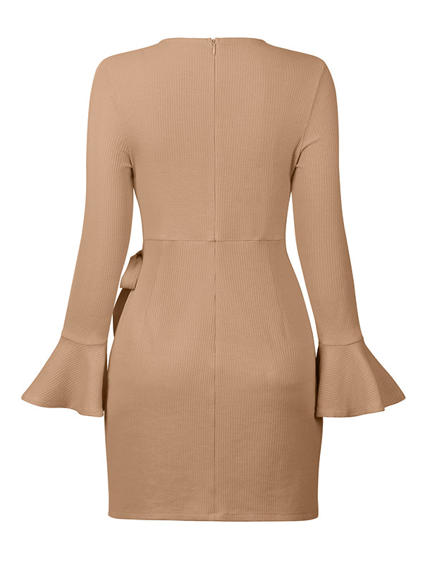 Simple Long Sleeves Skinny Tied Falbala Solid Color Round-Neck Mini Dresses