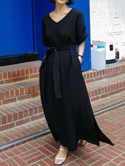 A-Line Loose Hollow Solid Color Split-Side Tied Waist V-Neck Midi Dresses