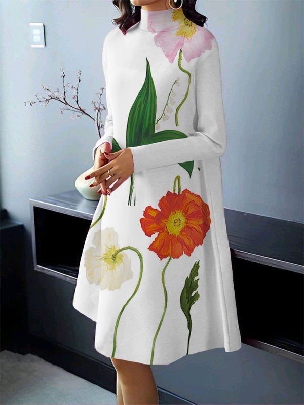 Flower Print Long Sleeves Loose High Neck Midi Dresses