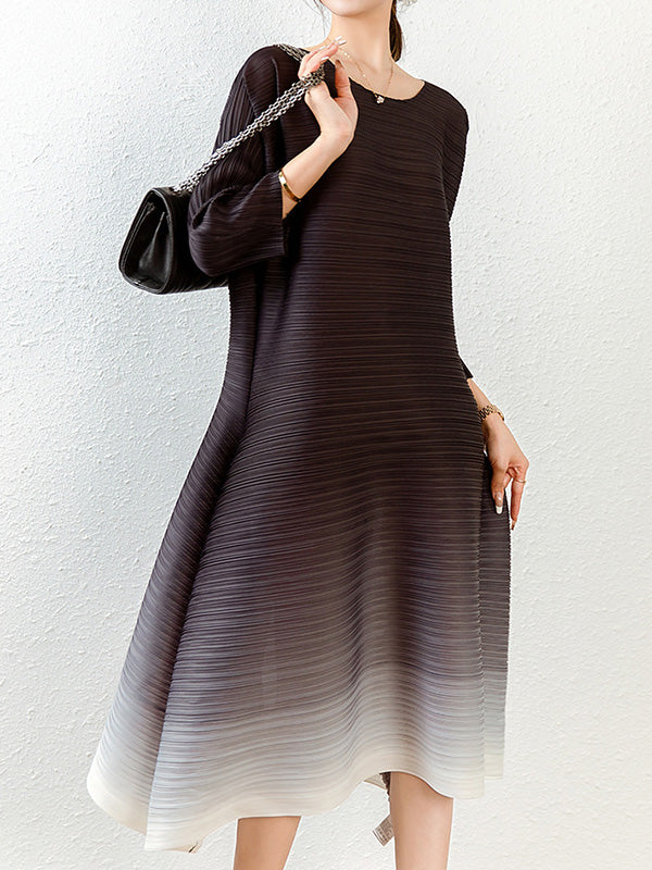 Original Long Sleeves Loose Pleated Gradient Round-Neck Midi Dresses