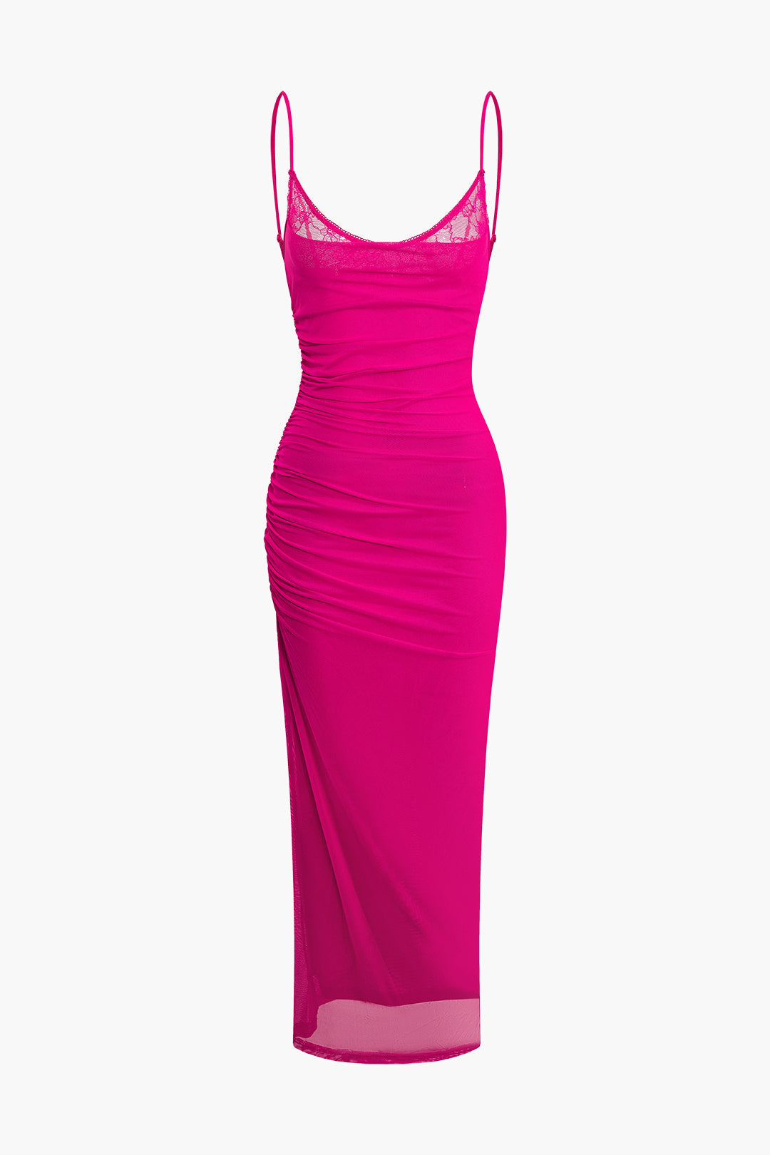Maxikleid mit Spitzen-Netzstoff, gerüschtem Schlitz 