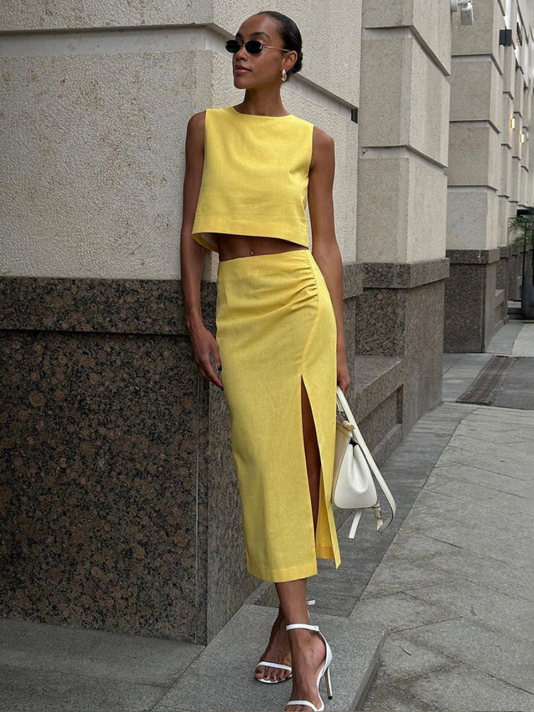 Linen Vest Suit Fashionable Round Neck Sleeveless Top And Side Slit Long Skirt Two Pieces Set Slim Casual Solid Color