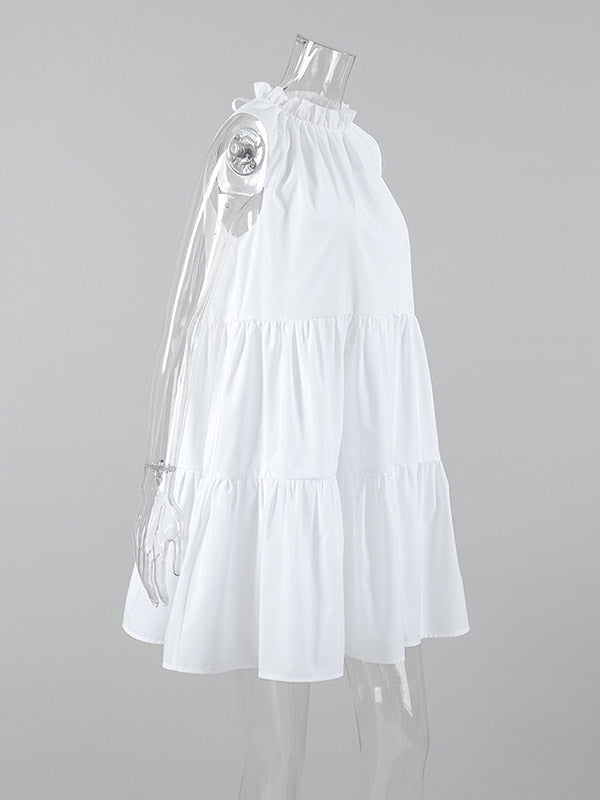 Pleated Ruffled Solid Color Split-Joint A-Line Loose Round-Neck Shirt Dress Mini Dresses