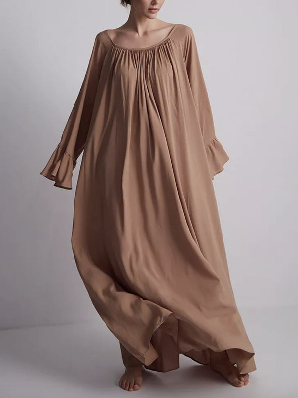 Pleated Solid Color Split-Joint A-Line Flared Sleeves Round-Neck Maxi Dresses
