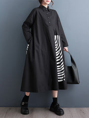 A-Line Long Sleeves Asymmetric Buttoned Pleated Printed Split-Joint Lapel Midi Dresses Shirt Dress