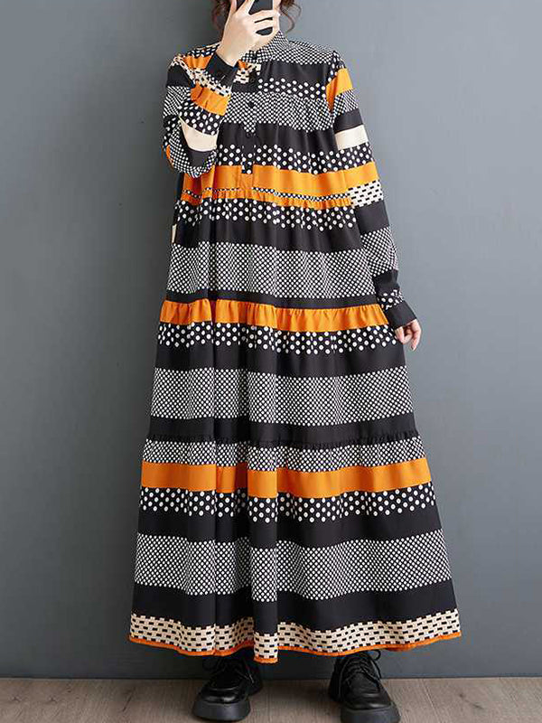 Buttoned Polka-Dot Split-Joint A-Line Long Sleeves Round-Neck Midi Dresses