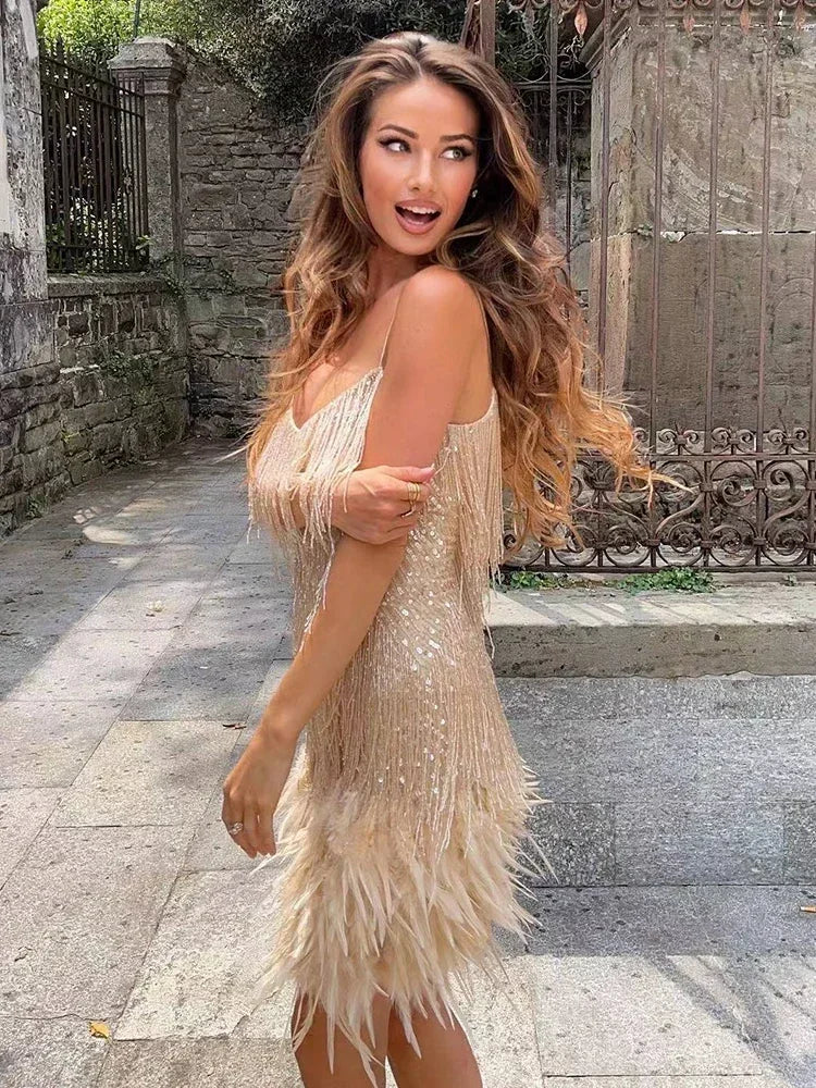 Tassel Sequins Dress Women Elegant Feather Spaghetti Straps Mini Dresses Summer Sexy Party Club Evening Dresses VestidosChristmas Gifts
