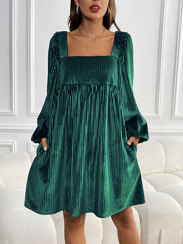 A-Line Long Sleeves Pleated Shiny Solid Color Tied Velvet Square-Neck Mini Dresses