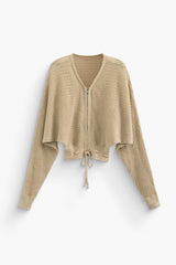 V-neck Knit Zipper Tie Hem Cardigan