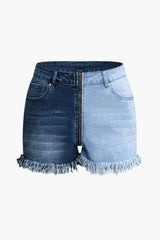 Patchwork Fringe Hem Zipper Denim Shorts