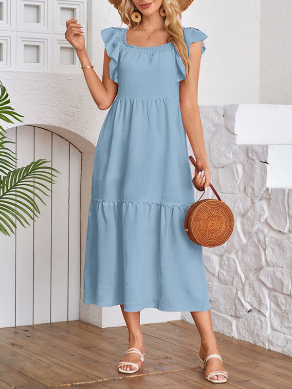 A-Line Loose Elasticity Pleated Ruffled Solid Color Split-Joint Off-The-Shoulder Midi Dresses