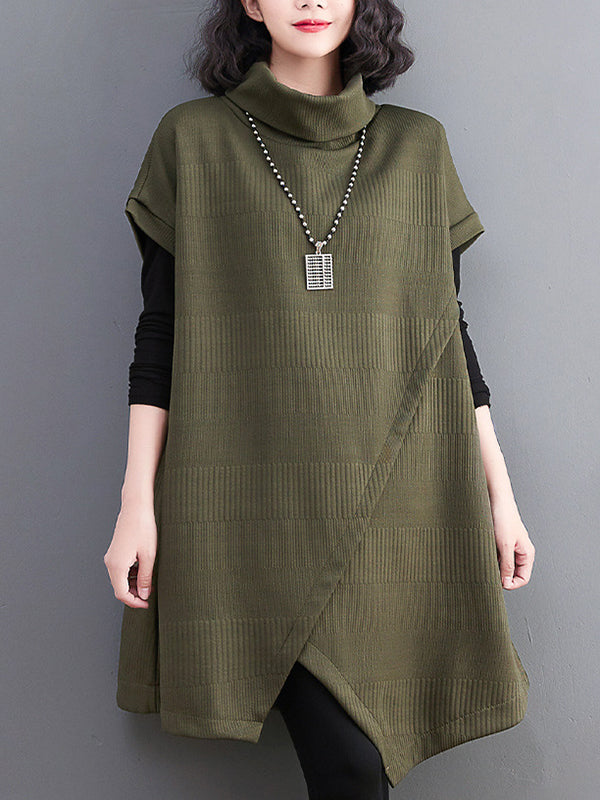 Asymmetric Solid Color Split-front Split-Joint Loose Raglan Sleeve High-neck Mini Dresses Knitwear
