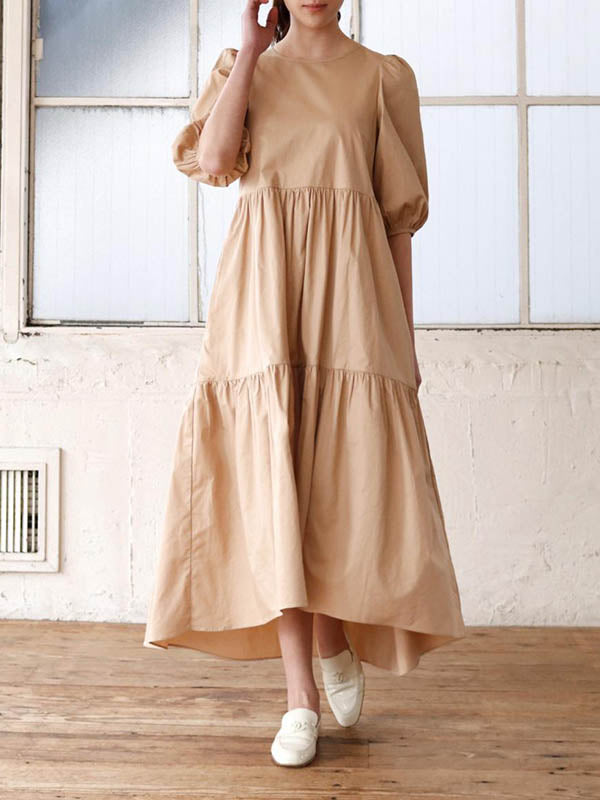 Half Sleeves Puff Sleeves Breathable See-Through Solid Color Round-Neck Midi Dresses