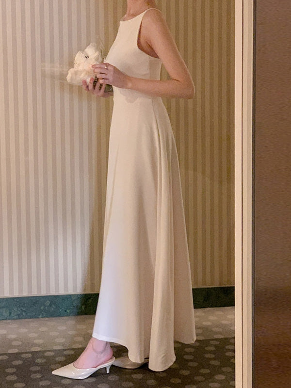 Solid Color A-Line High Waisted Spaghetti-Neck Maxi Dresses