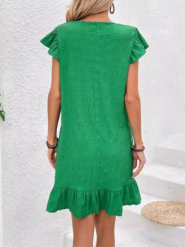 Pleated Solid Color Split-Joint Loose Ruffle Sleeves V-Neck Mini Dresses