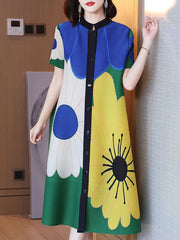 Buttoned Flower Print Pleated A-Line Loose Round-Neck Midi Dresses