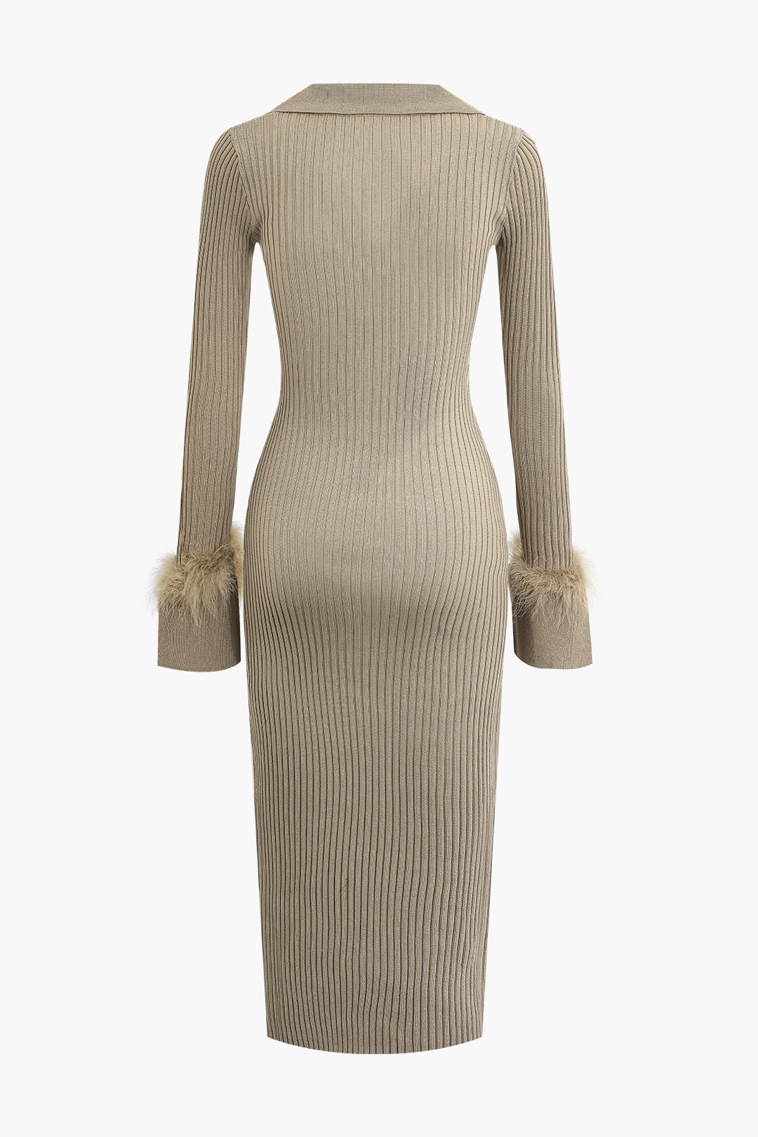 Feather Detail Collared Rib Knit Midi Dress