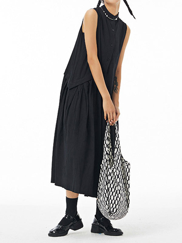 Pleated Solid Color Loose Sleeveless Stand Collar Shirt Dress Midi Dresses
