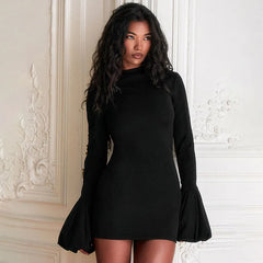 Fashion Pull Sleeve Black Mini Dress Female High Waist Elegant Long Sleeve Dresses Club Party Bodycon Women's ClothingChristmas Gifts