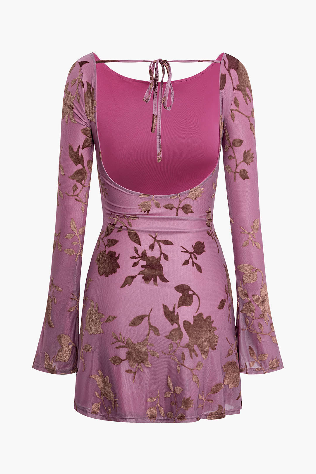 Flocked Leaves Print Long Sleeve Tie Backless Mini Dress