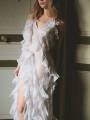 Backless Mesh Ruffle Trim See-Through Split-Side Tied Loose Sleeveless Halter-Neck Maxi Dresses