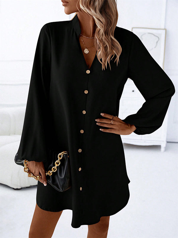 A-line Long Sleeves Buttoned Solid Color V-neck Mini Dresses