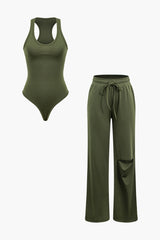 Set aus ärmellosem Body mit Rundhalsausschnitt und zerrissener Hose mit Kordelzug und geradem Bein 