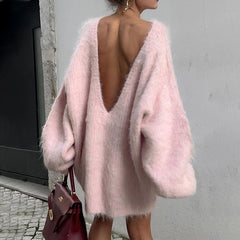 2025 Autumn Long Sleeve Sexy Big Backless Knitted Sweater Dress For Women Fashion Solid Loose Sweater Pullover StreetwearChristmas Gifts