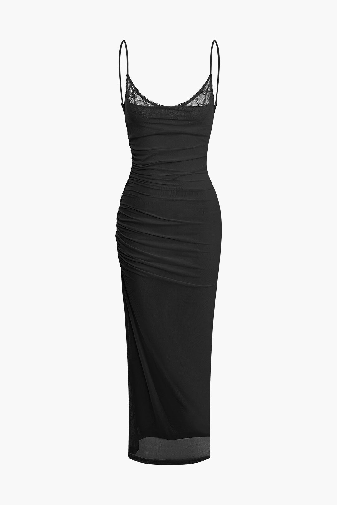 Maxikleid mit Spitzen-Netzstoff, gerüschtem Schlitz 