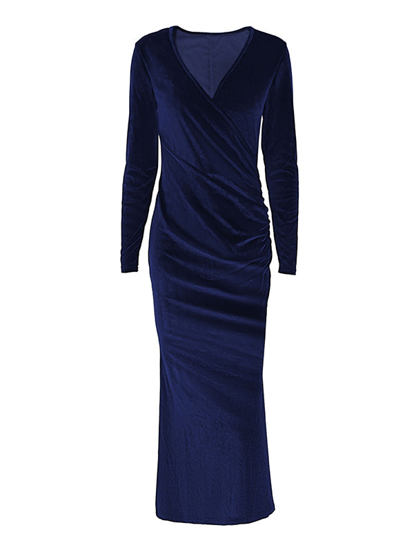 Pleated Solid Color Split-Joint Bodycon Long Sleeves V-Neck Maxi Dresses Evening Dresses