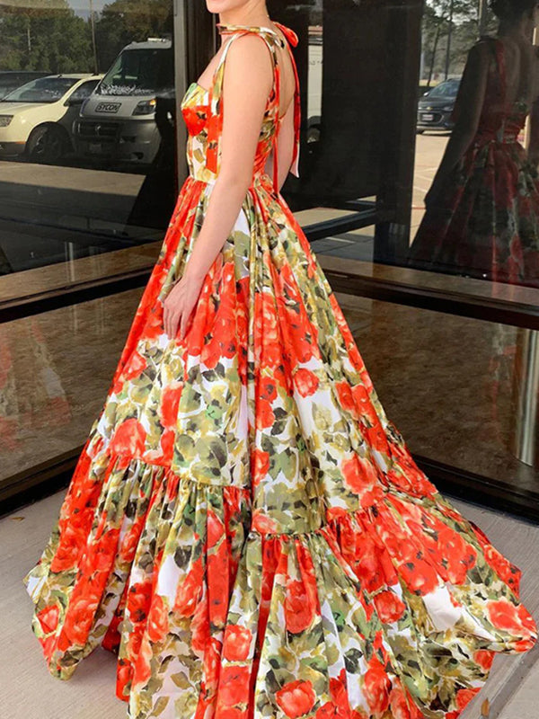 Flower Printed Sleeveless Bandage Spaghetti-Neck Elegant Maxi Dresses