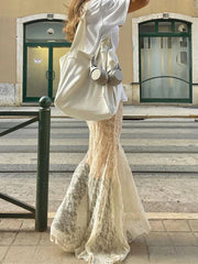 Lace Mesh Splice Long Skirts For Women 2024 See Through Sexy High Waist Maxi Skirt Femme Club Hollow Out Skirts LadiesChristmas Gifts